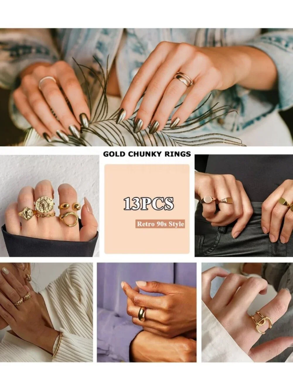 10PCS Gold Dome Chunky Statement Rings for Women - Adjustable Braided Signet